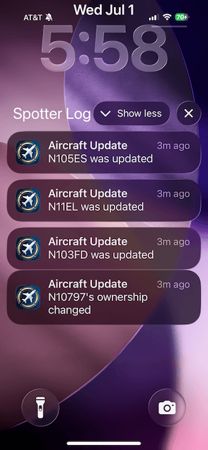 SpotterLog aircraft change alert notifications on iPhone for followed tail numbers