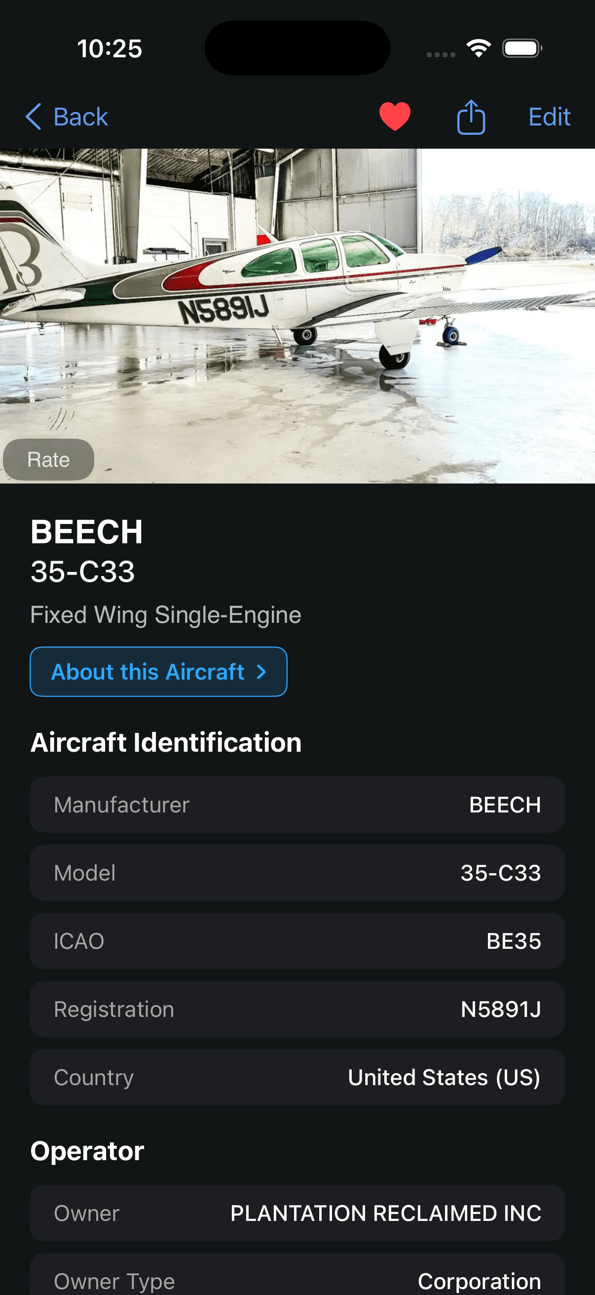 SpotterLog aircraft sighting log entry for a Beechcraft 35-C33 with tail number identification and registry details