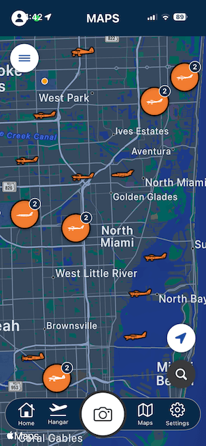 SpotterLog plane spotting map with GPS-tagged aircraft sighting pins across Miami