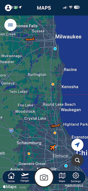 SpotterLog plane spotting map on iPhone with GPS-pinned aircraft sightings