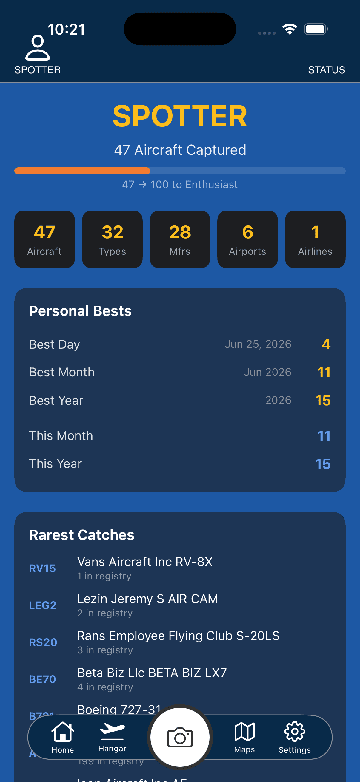 SpotterLog plane spotting stats screen with total aircraft spotted, personal bests, and rarest catches