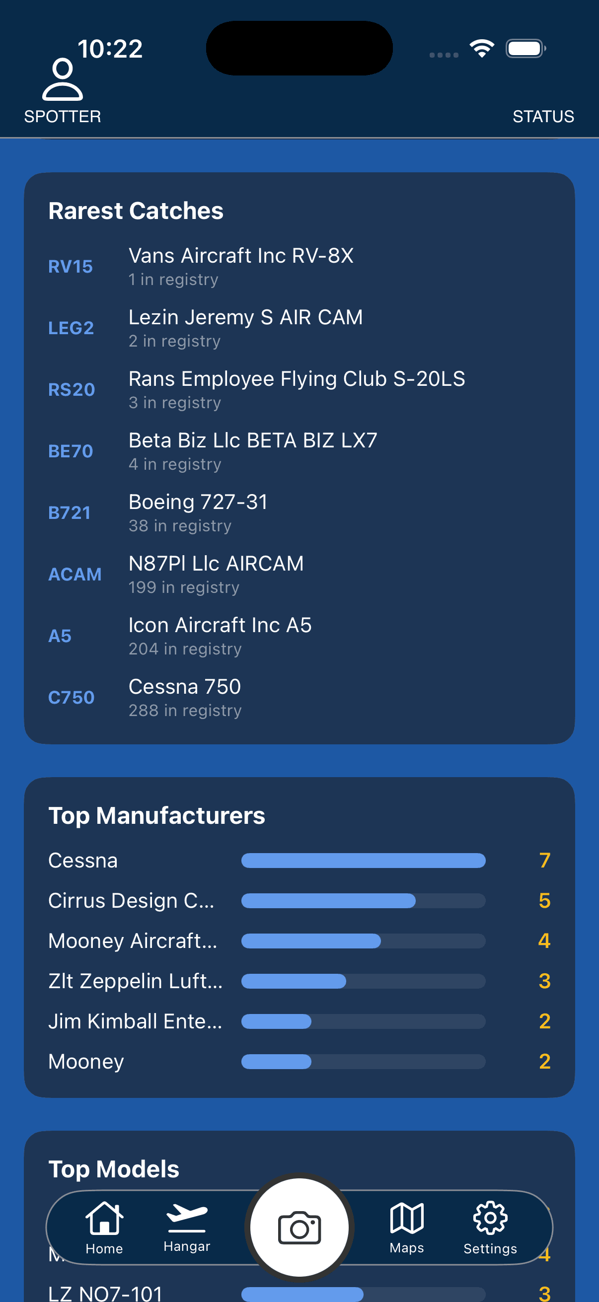 SpotterLog plane spotting stats and badges screen on iPhone